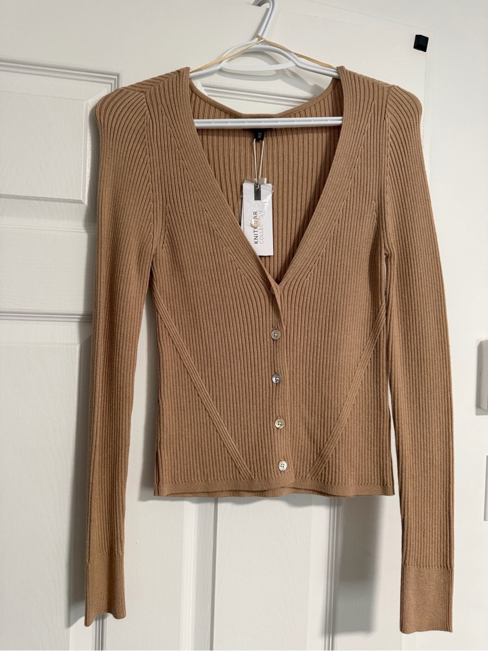 BECCA Ribbed V-Neck Button Cardigan - Camel Brown